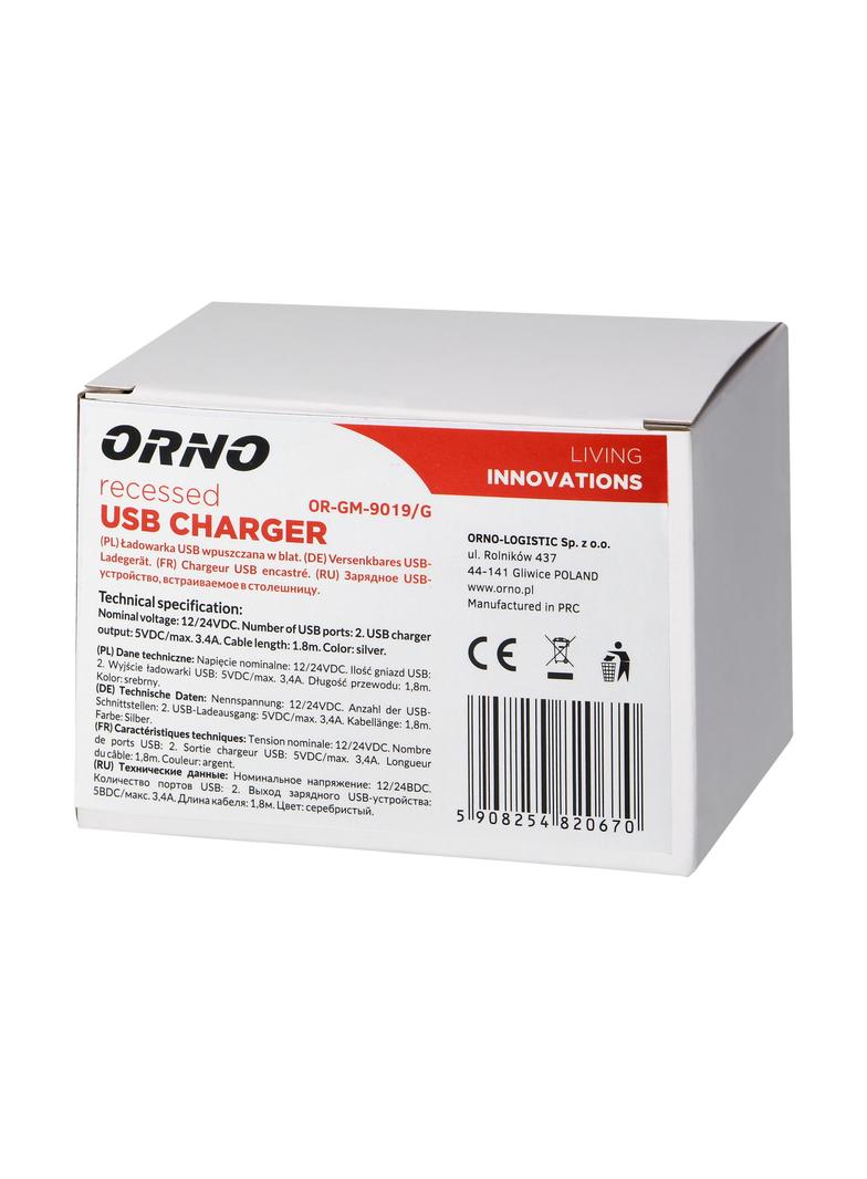 Ładowarka 2xUSB (typ A, 3,4A) wpuszczana w blat, srebrna OR-GM-9019/G ORNO