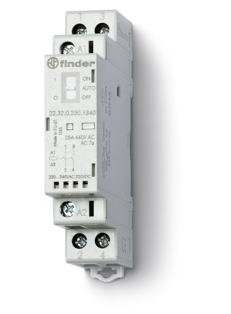 Stycznik modułowy 2 Z; 25A; 230V AC/DC; AUTO-ON-OFF + mech. wskaźnik zadziałania + LED, 22.32.0.230.