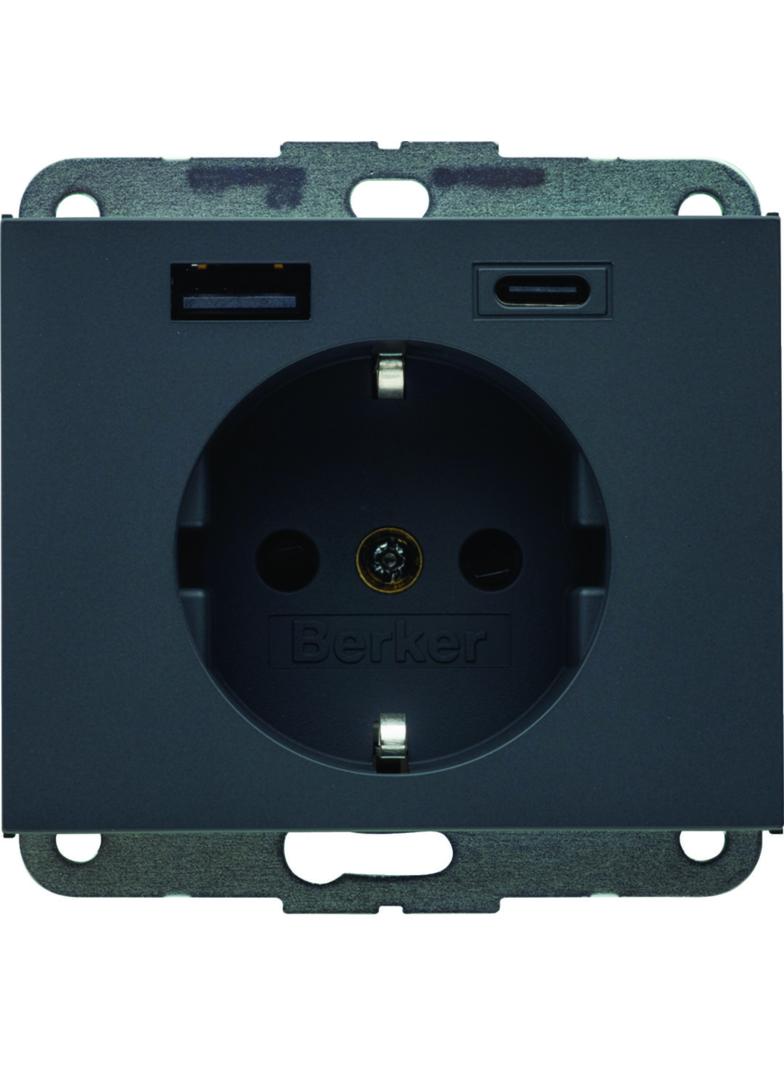 Berker K.1 Gniazdo SCHUKO z ładowarką USB A+C 20W PD, antracyt mat 48147006 HAGER