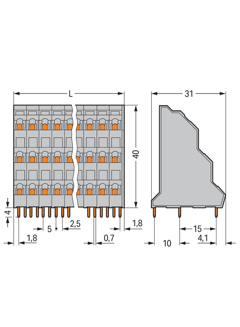 3-piętrowa listwa do pł. drukowanych 6-bieg. szara raster 5 mm