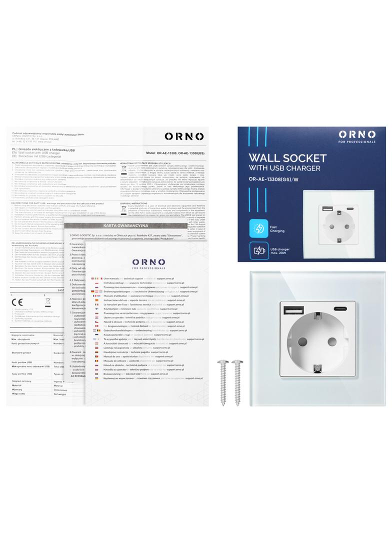 Gniazdo pojedyncze 2P+Z, Schuko, USB-A + USB-C, wyjście 5VDC max. 3A, biały OR-AE-13308(GS)/W ORNO