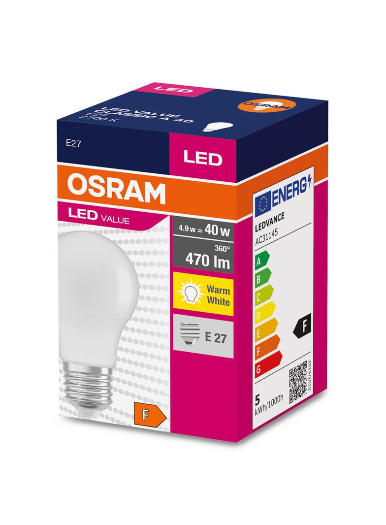 Lampa LED VALUE Classic A40 non-dim plastik 4,9W 827 E27