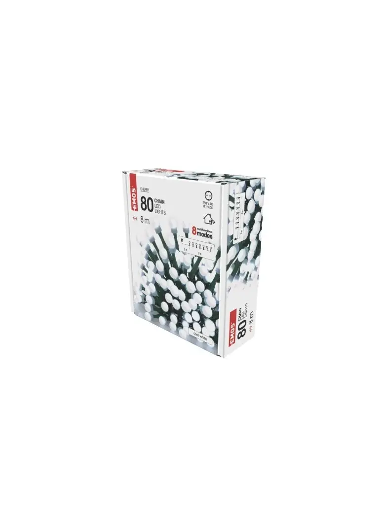 Lampki choinkowe 80 LED cherry 8m zimna biel, zielony przewód, 8 programów, IP44
