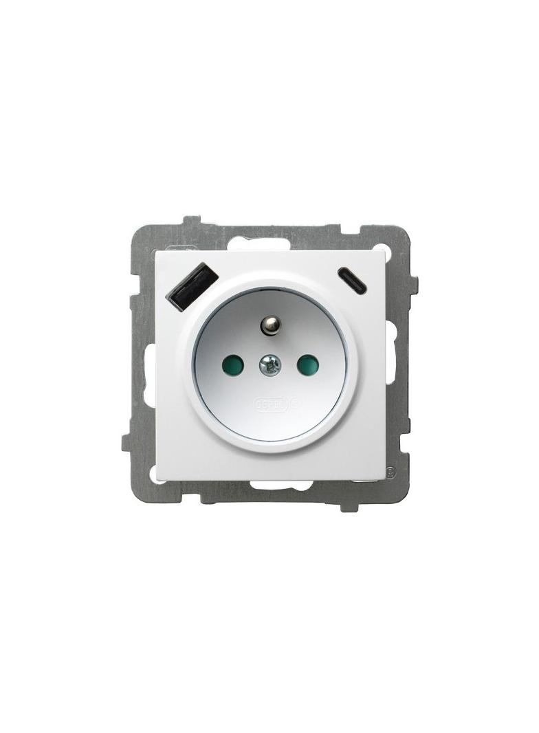 Gniazdo pojedyncze z uziemieniem z ładowarką A+C AS BIAŁY