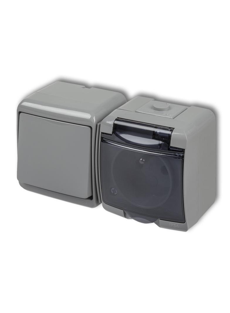 JUNIOR Łącznik jednobiegunowy z gniazdem pojedynczym z uziemieniem 2P+Z (klapka dymna; bez przesłon)