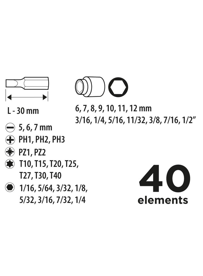 Końcówki wkrętakowe i nasadki z uchwytem, zestaw 40 szt.