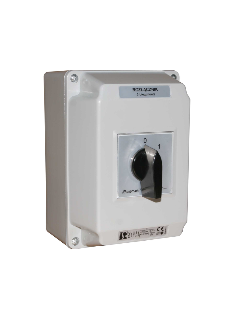 Łącznik Krzywkowy 15A, Rozłącznik 0-1 (3 - biegunowy),  w obudowie OB4 z czołem zamykanym