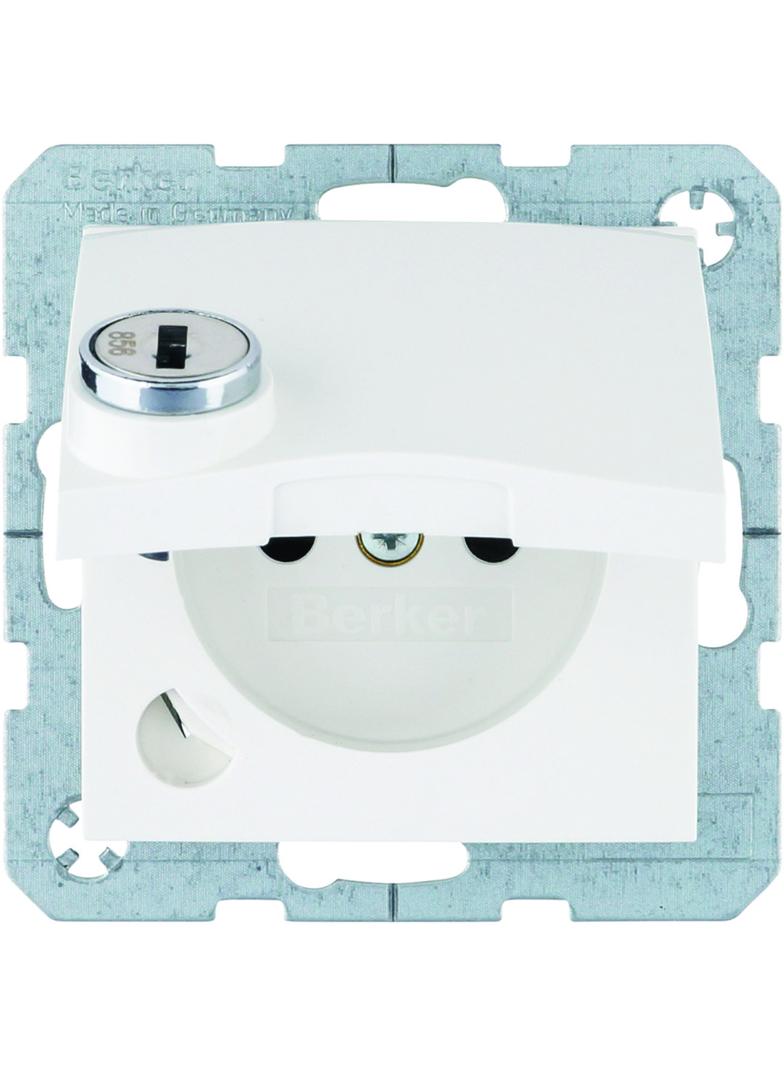 B.Kwadrat Gniazdo z uziemieniem z pokrywą i zamkiem, biały połysk