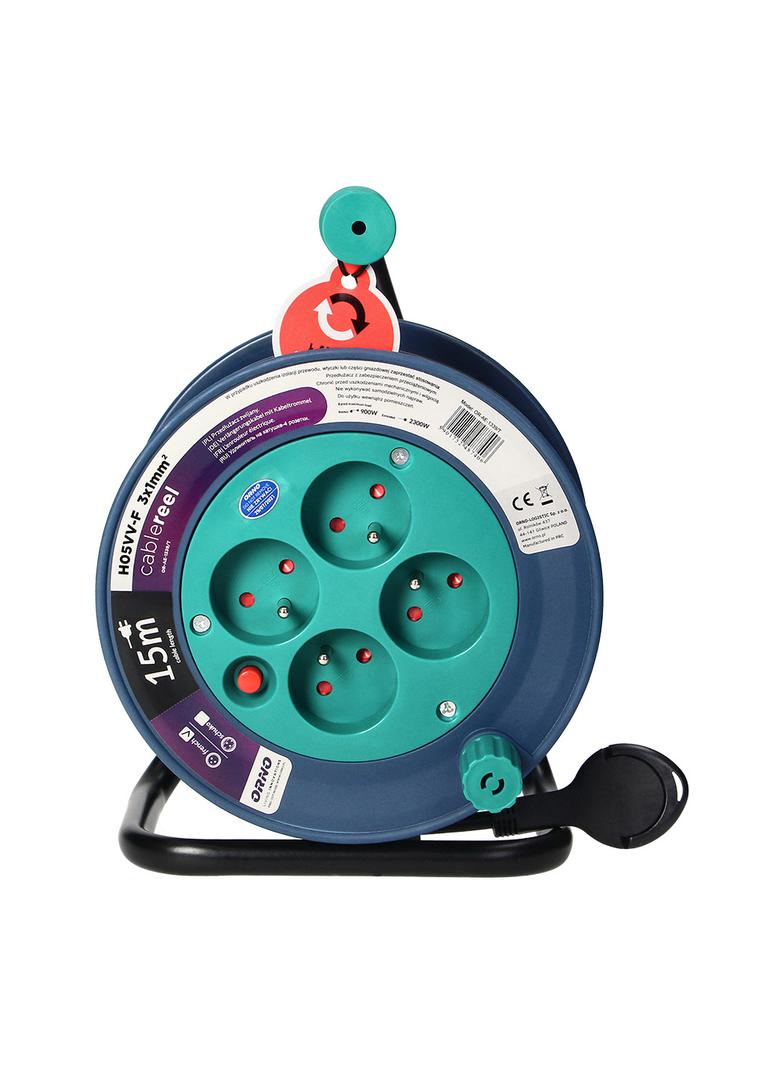 Przedłużacz bębnowy MINI 4 gniazda metalowy stojak polwinit H05VV-F 3x1mm2 długość 15m turkusowy OR-