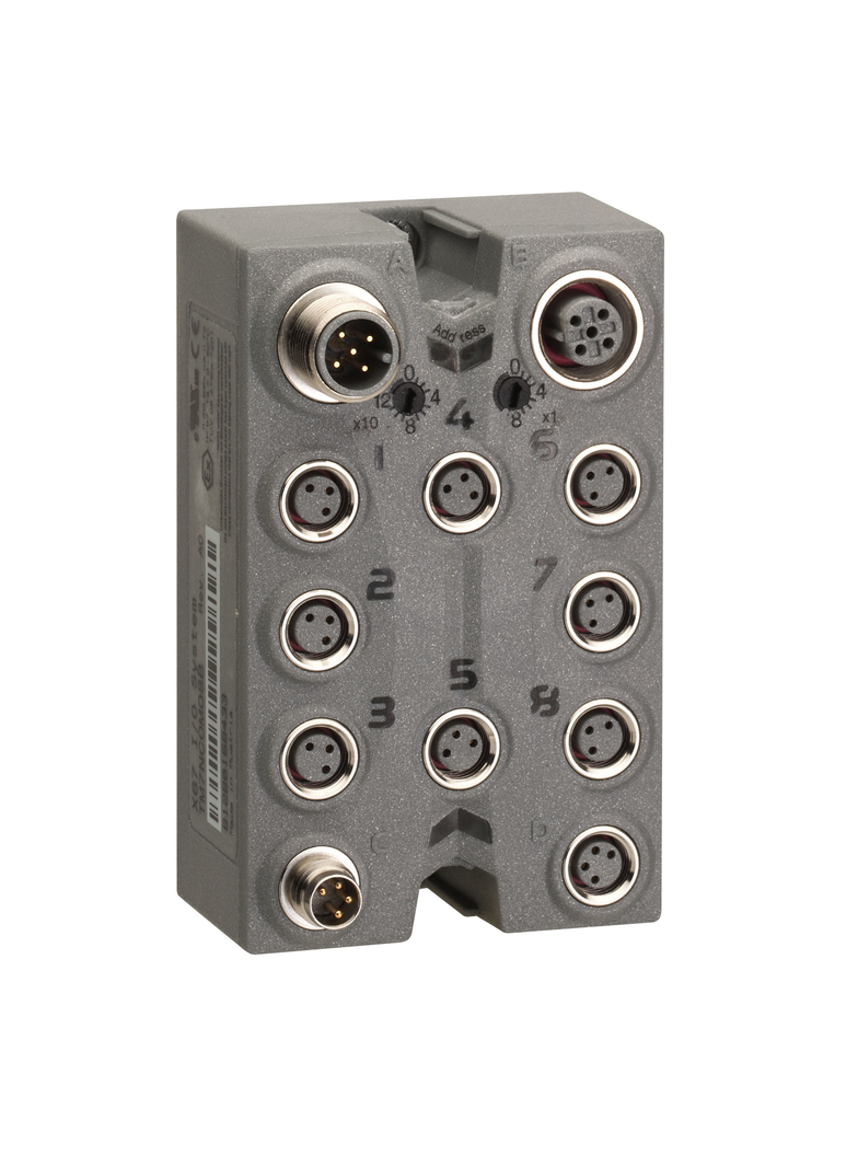 Modicon TM7, blok interfejsu CANopen, 8 wejść typu sink, 8 wyjść typu source, złącza M8