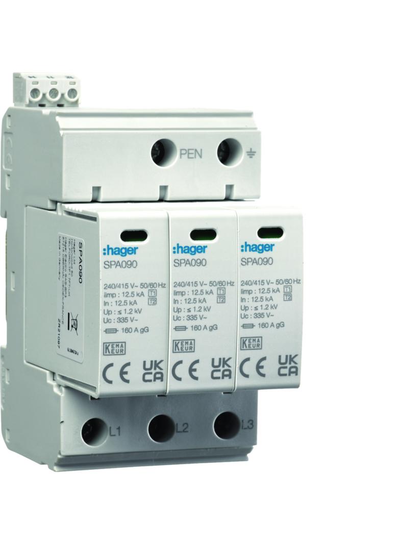 SPD Ogranicznik przepięć T1+T2 3P sieć TN-C Iimp 37,5kA In 50kA Up 1,2kV styk SPA930 HAGER