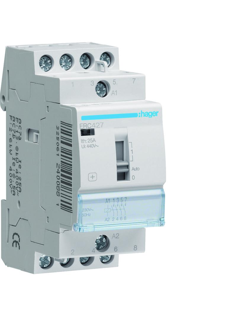 Stycznik modułowy z możliwością sterowania ręcznego 230V AC 2Z+2R 25A AC-7A B ERC427 HAGER