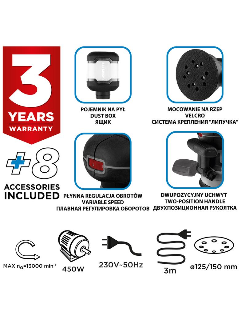 Szlifierka mimośrodowa 450W, tarcza 125/150 mm, walizka