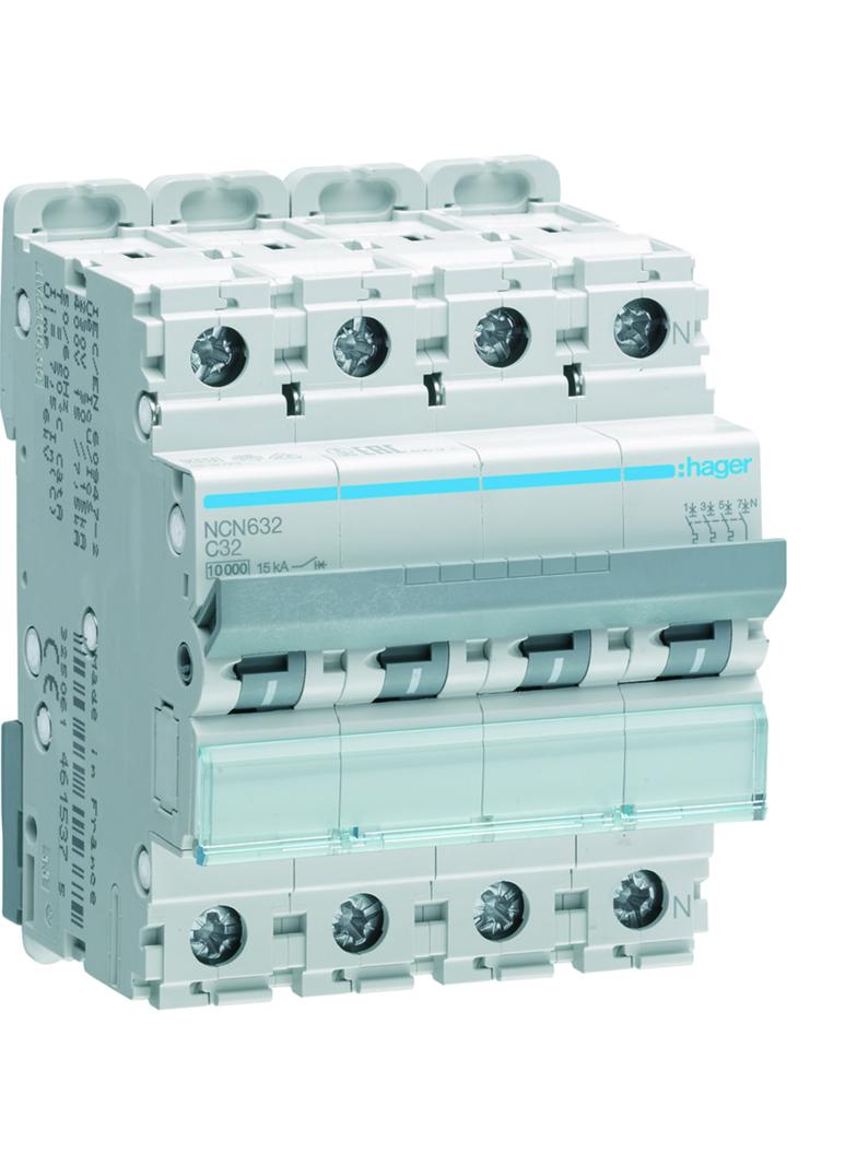 MCB Wyłącznik nadprądowy 10kA/15kA 3P+N C 32A NCN632 HAGER