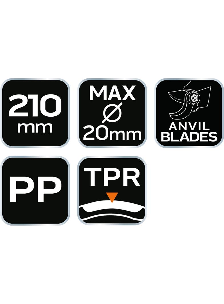 Sekator kowadełkowy 210 mm, zakres do 20 mm, materiał: PP, uchwyt pokryty gumą TPR