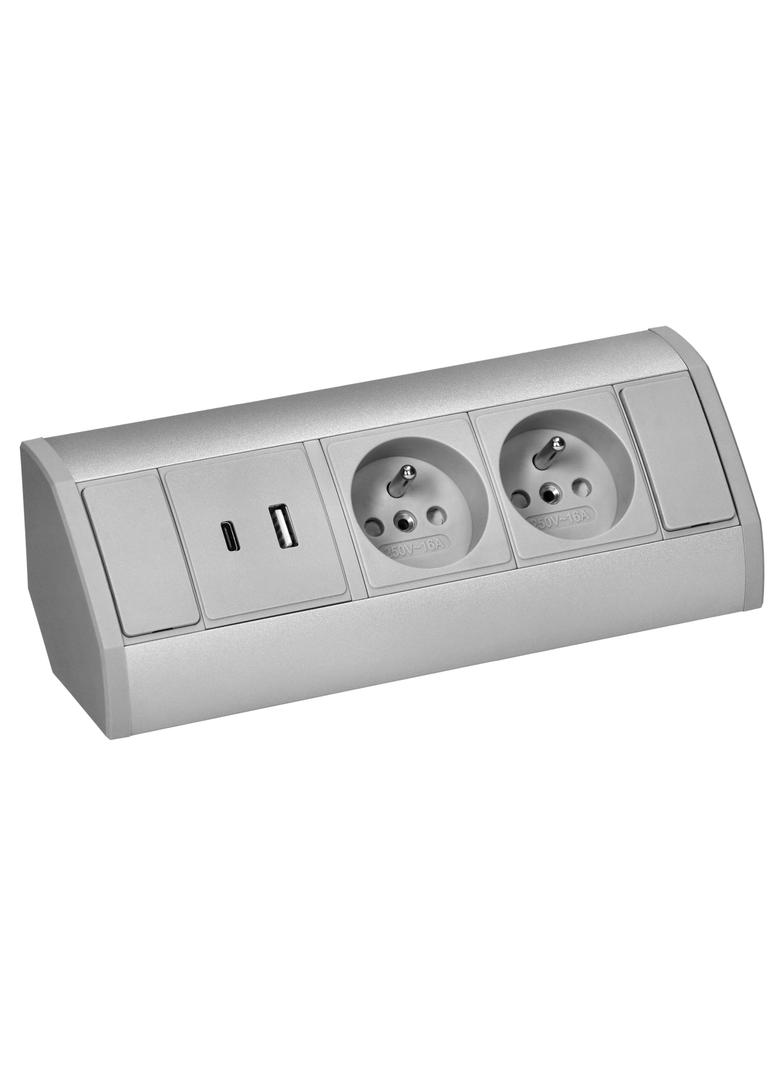 Gniazdo meblowe 2x2P+Z, 2xUSB (typ A+C; 2,4A), szaro-srebrne