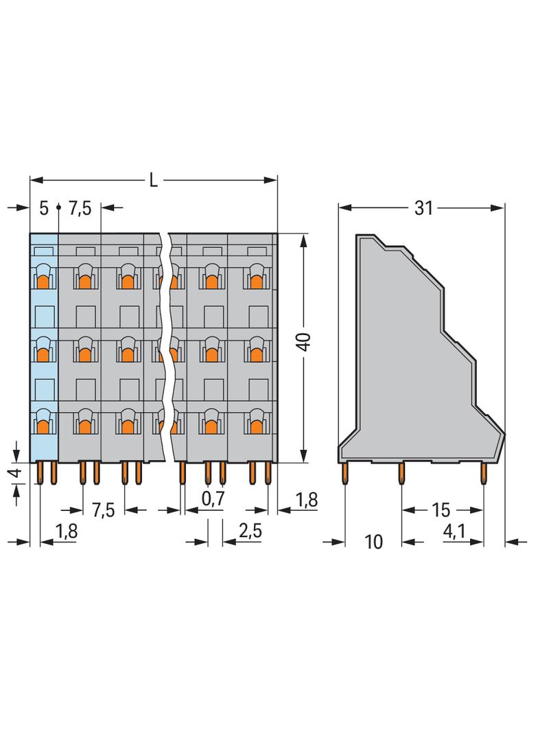 3-piętrowa listwa do pł. drukowanych 3-bieg. szara raster 7,5 mm /48szt./ WAGO