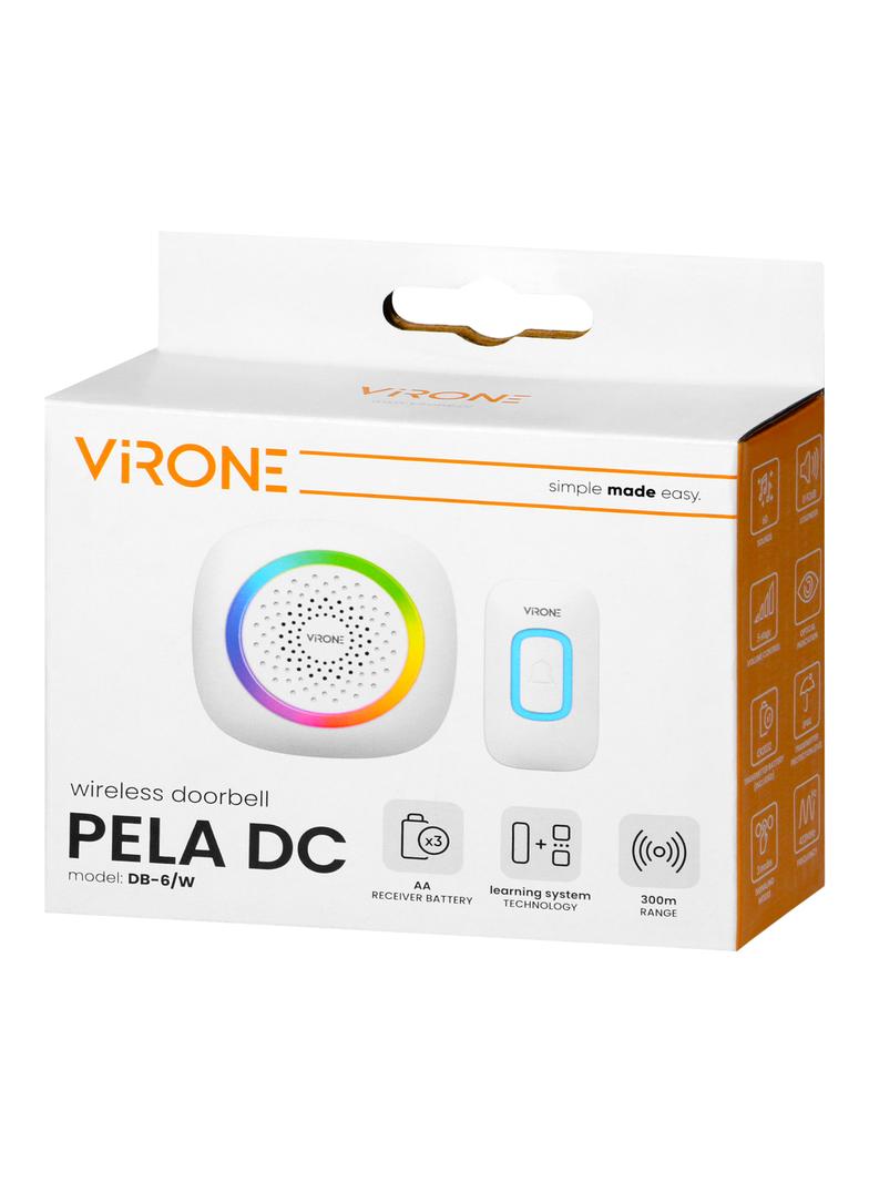 PELA DC, dzwonek bezprzewodowy bateryjny, learning system, 60 dźwięków, LED RGB, 300m, biały
