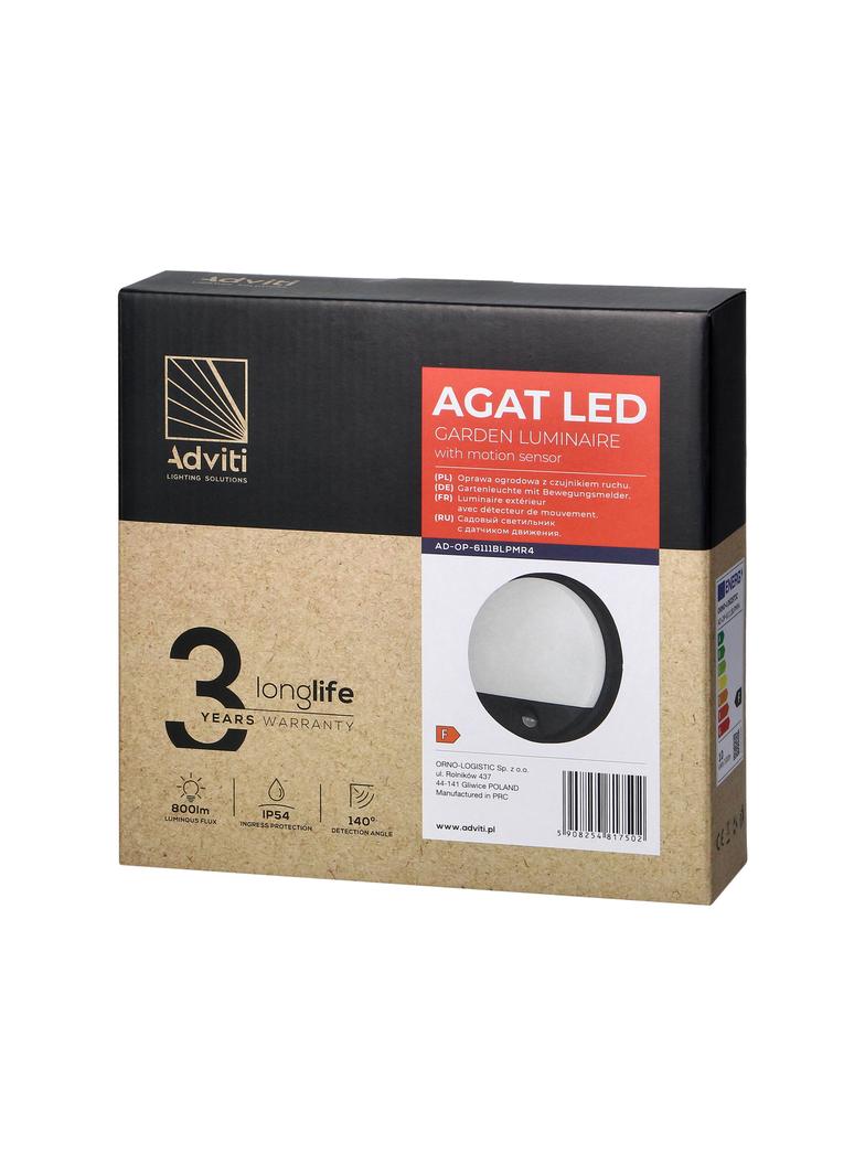 AGAT LED 10W, oprawa ogrodowa z czujnikiem ruchu, 140st, 800lm, IP54, 4000K, czarna AD-OP-6111BLPMR4 ORNO
