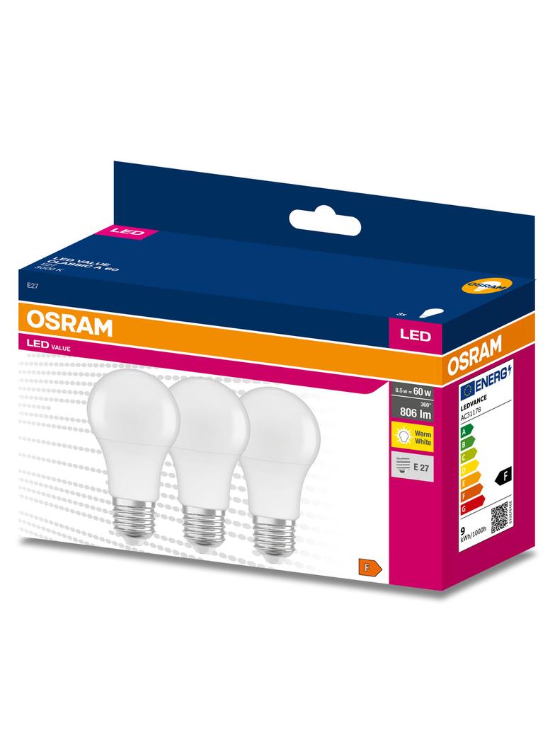 Żarówka LED x3 A60 E27 8W = 60W 806lm 3000K Ciepła 180° VALUE CLASSIC Osram