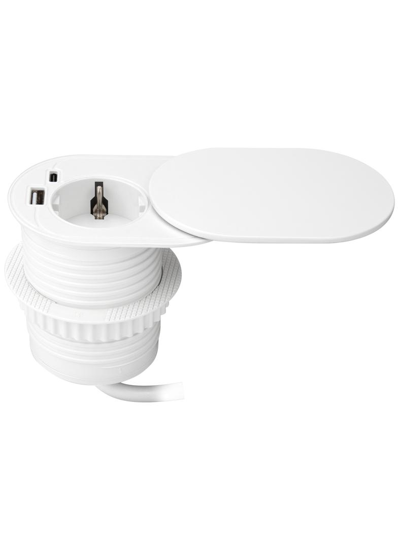 Gniazdo meblowe O6cm, wpuszczane w blat z przesuwną pokrywką, ładowarką USB i przewodem 1,9m, 1x2P+Z