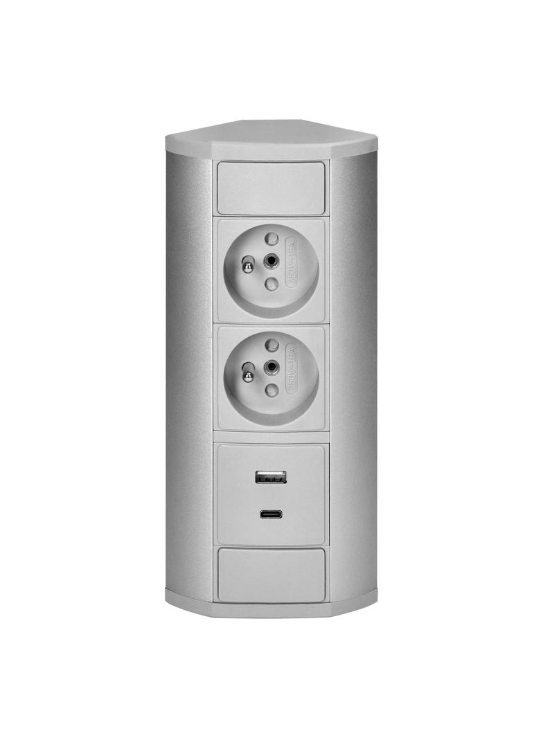 Gniazdo meblowe 2x2P+Z, 2xUSB (typ A+C; 2,4A), szaro-srebrne