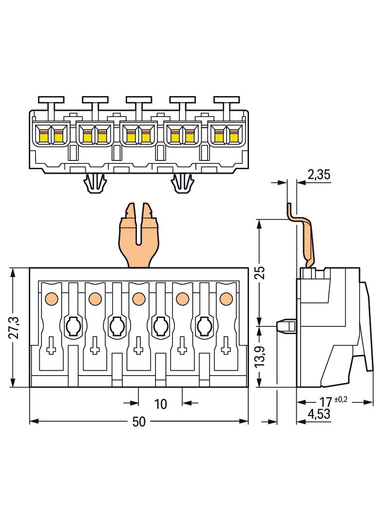 złączka zasilająca 5-biegunowa ze stopkami ze styk. PE