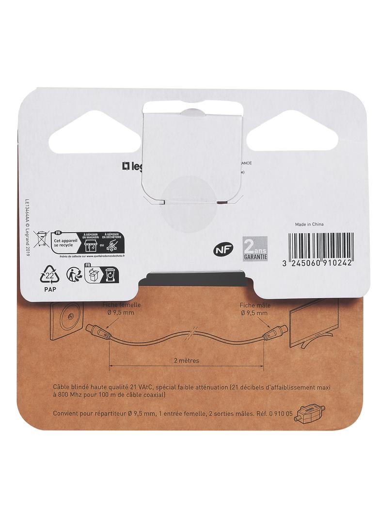 KABEL TV Z 1 WTYKIEM MĘSKIM O9,52 MM I 1 WTYKIEM ŻEŃSKIM O9,52 MM, DŁUGOŚĆ 2 M, Legrand