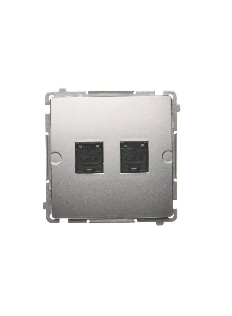 Simon Basic Gniazdo komputerowe RJ45 kategoria 6 podwójne z przesłoną przeciwkurzową . Montaż na łapki lub wkręty srebrny mat BM62.01/43 KONTAKT