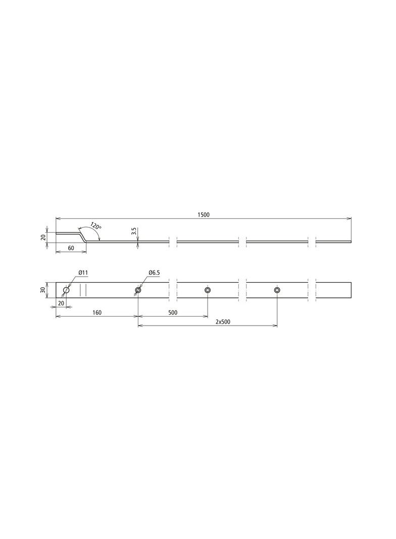 Płaskownik uziemiający gięty 30x3,5 mm dł. 1,5 m, stal nierdz. NIRO V4A z otworem 11 mm