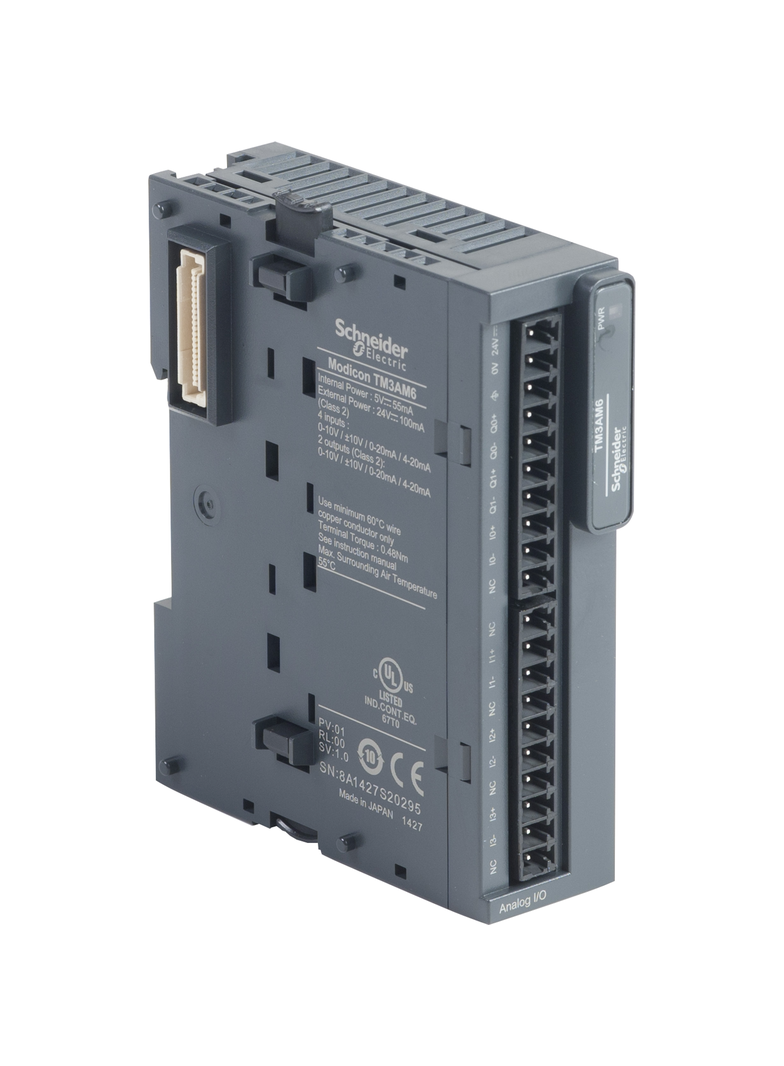 Modicon TM3, moduł we/wy analogowych, 4 wejśca, 2 wyjścia prąd/napięcie, zaciski śrubowe