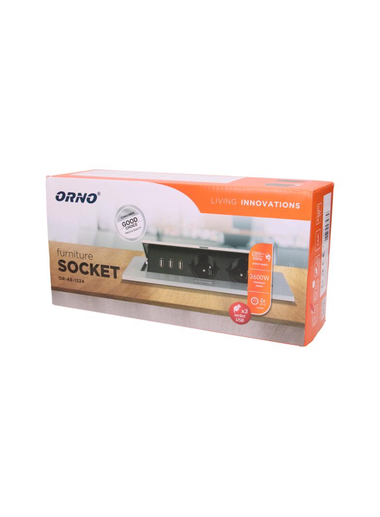 Gniazdo meblowe wpuszczane w blat z grubym rantem 2x2P+Z 3 porty USB srebrne OR-AE-1324/G ORNO