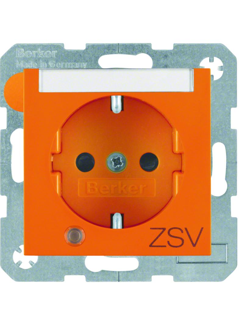 BERKER B.Kwadrat Gniazdo SCHUKO z uziemieniem diodą kontrolną LED i pole opisowe nadruk ZSV pomarańc