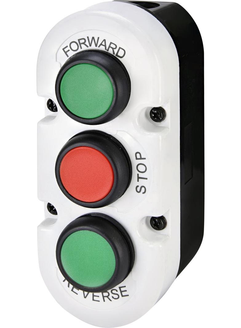 Kaseta szaro-czarna, 3 płaskie przyciski 2NO zielone, 1NC czerwony FORWARD, STOP, REVERSE ESE3-V6 004771444 ETI