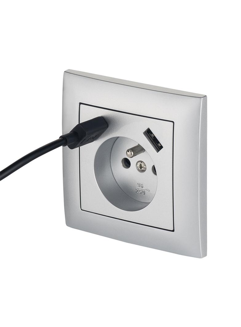 SENTIA Gniazdo poj. z/u  2P+Z 2xUSB IP 20 srebrne