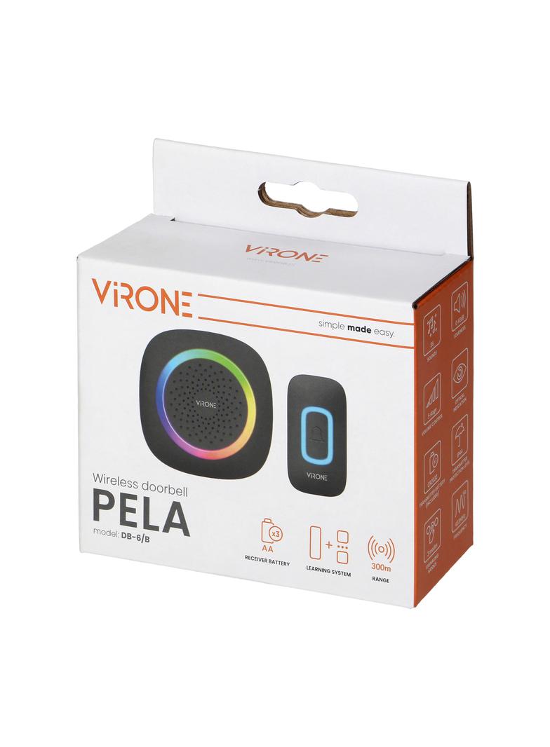 PELA dzwonek bezprzewodowy bateryjny learning system 60 dźwięków LED RGB 300m czarny