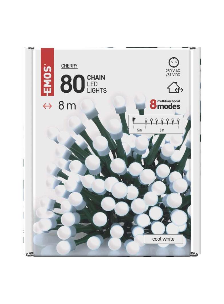 Lampki choinkowe 80 LED cherry 8m zimna biel zielony przewód 8 programów IP44 D5AC06 EMOS