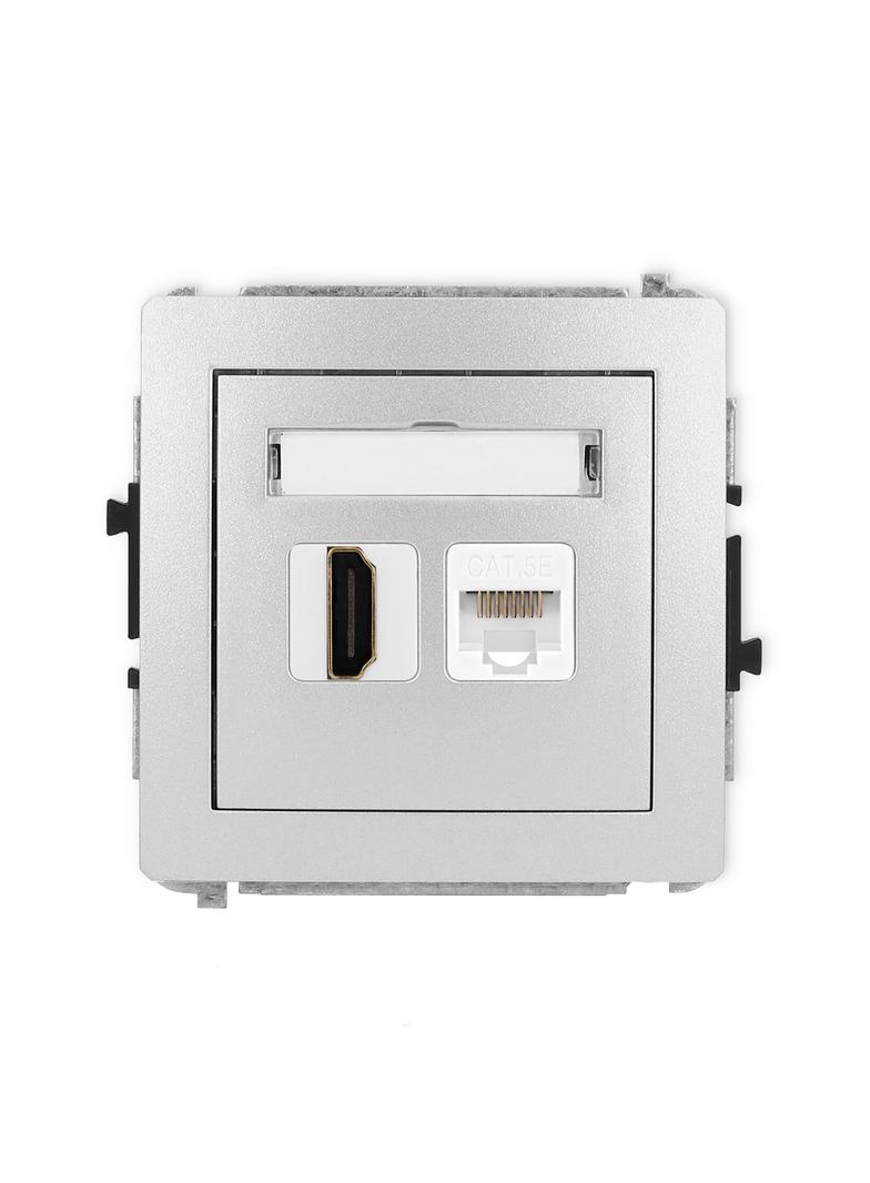 DECO Mechanizm gniazda pojedynczego HDMI 2.0 + gniazda komp. poj. 1xRJ45, kat. 5e, 8-stykowy srebrny
