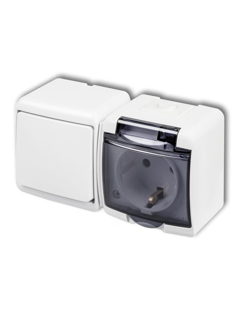 JUNIOR Łącznik jednobiegunowy z gniazdem pojedynczym z uziemieniem SCHUKO 2P+Z (klapka dymna; przesł