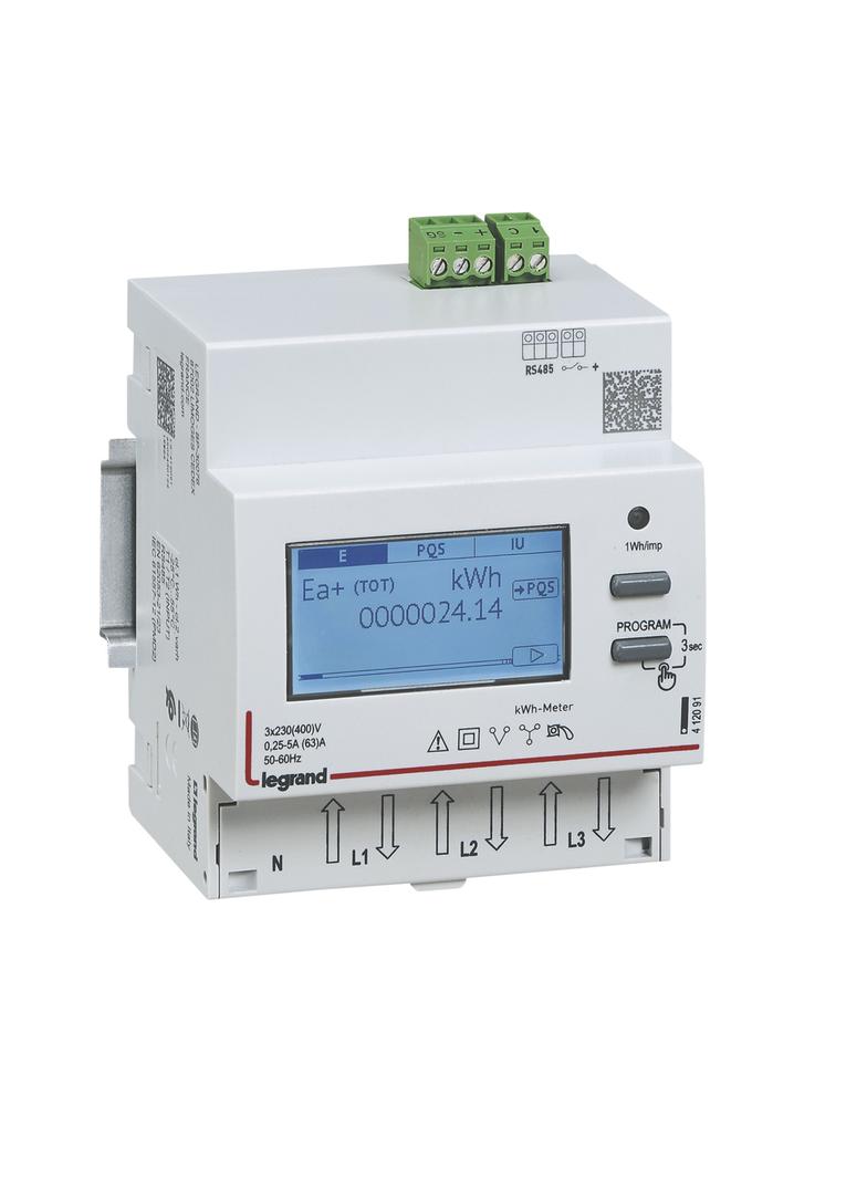 LICZNIK ENERGII POMIAR BEZPOŚREDNI 3 FAZOWY 63 A Z WYJŚCIEM RS485, 2 TARYFY, Legrand