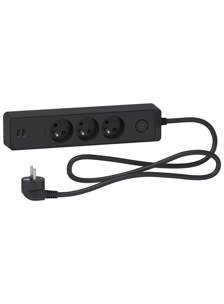 Odace, przedłużacz 3-gniazdowy z łącznikiem 2xUSB, 1,5m antracyt