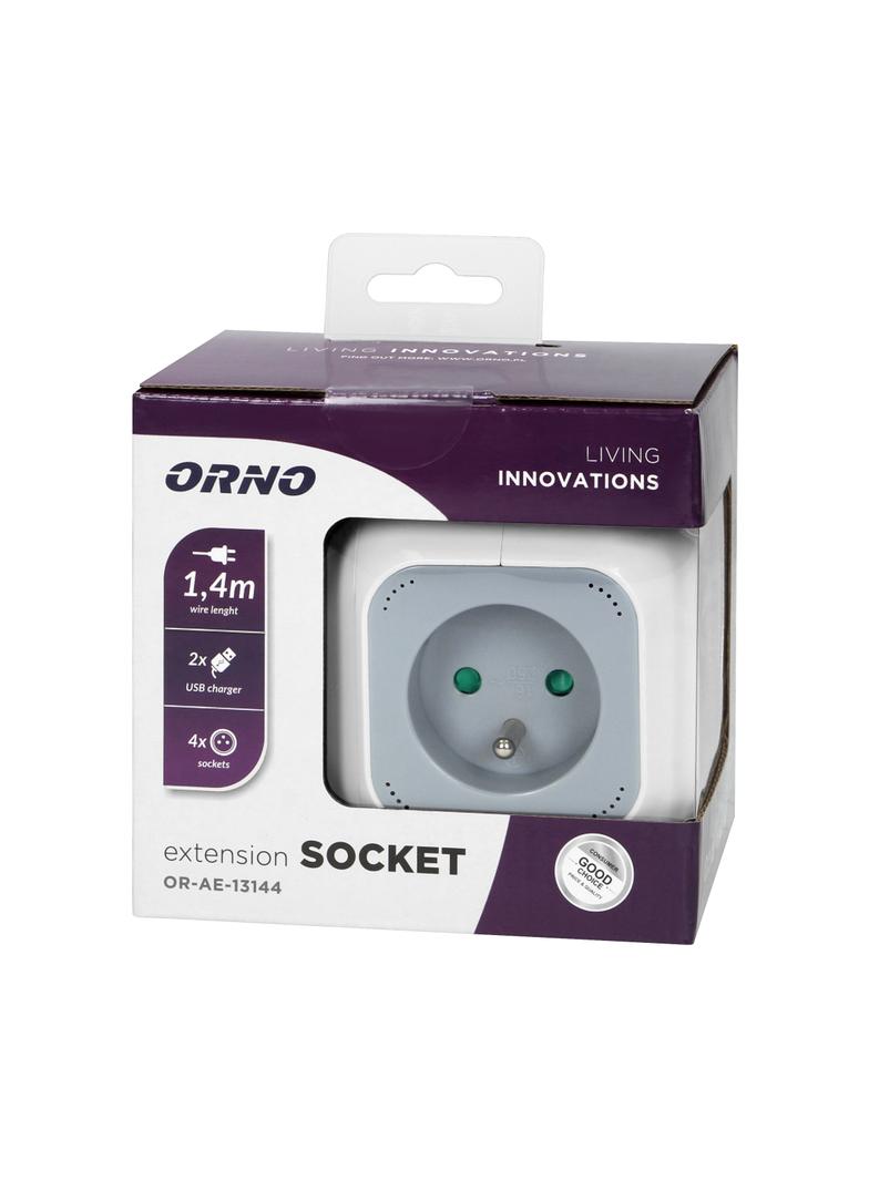 Przedłużacz 4 krotny ładowarka 2xUSB 1,4m H05VV-F 3x1mm2 szaro-biały OR-AE-13144 ORNO