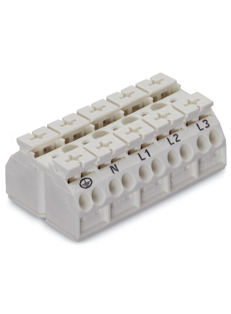 Blok zasilający 5‑torowy biały nadruk PE‑N‑L1‑L2‑L3 862‑1605/999‑950 /200szt./ WAGO