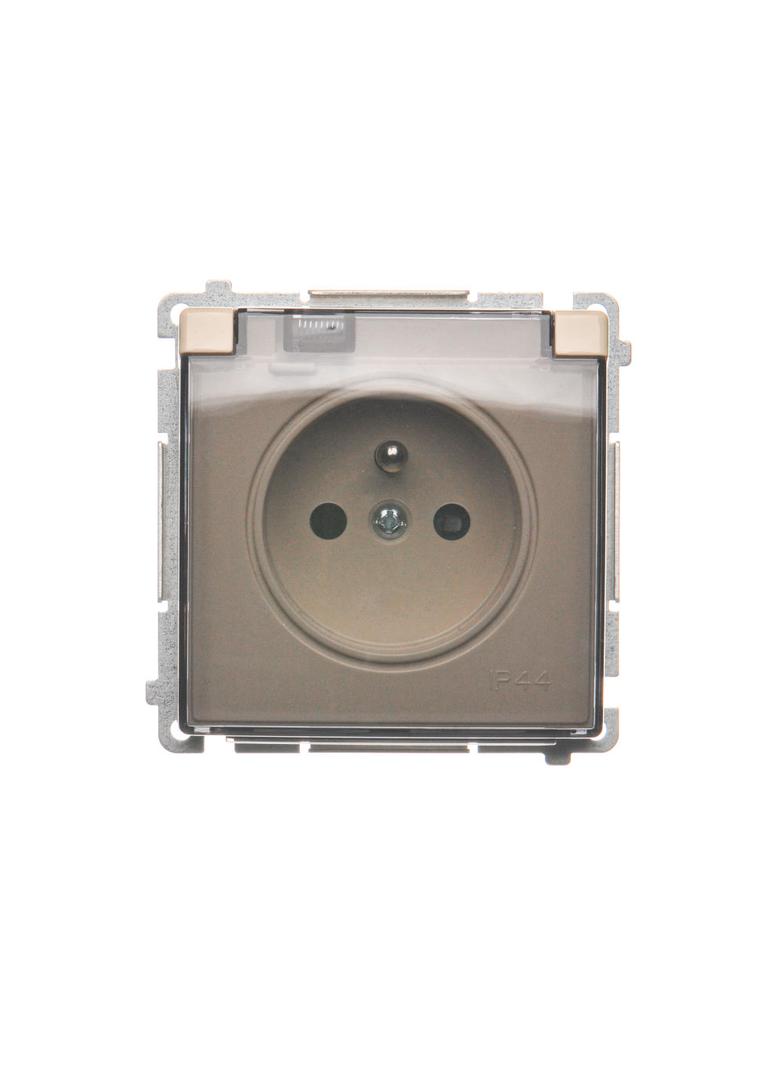 Simon Basic Gniazdo wtyczkowe z uziemieniem z przesł. torów prądowych bryzgoszczelne IP44 16A 250V zaciski śrubowe klapka transp. beż BMGZ1BZ.01/12A BMGZ1Bz.01/12a KONTAKT