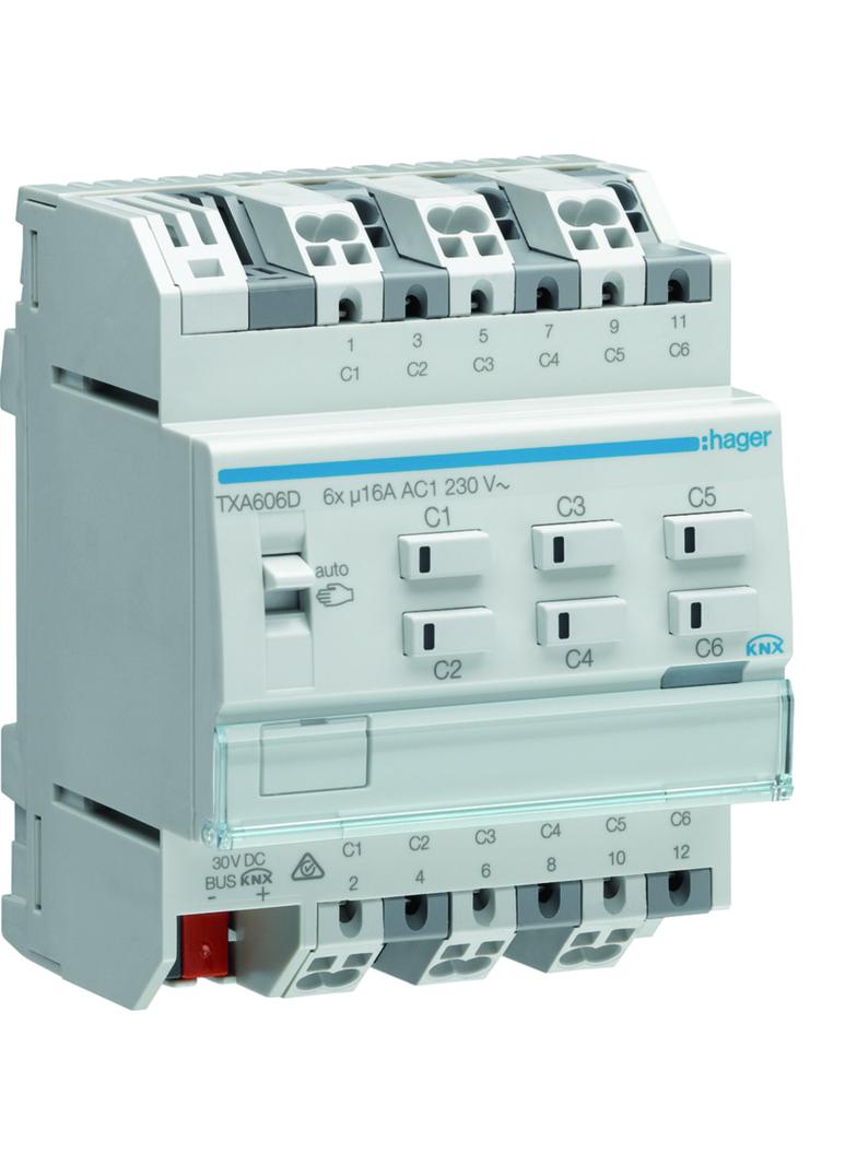 KNX e/s Sterownik załączający/żaluzjowy obciążenie pojemnościowe 16 A 6-/3-kr TXA606D HAGER