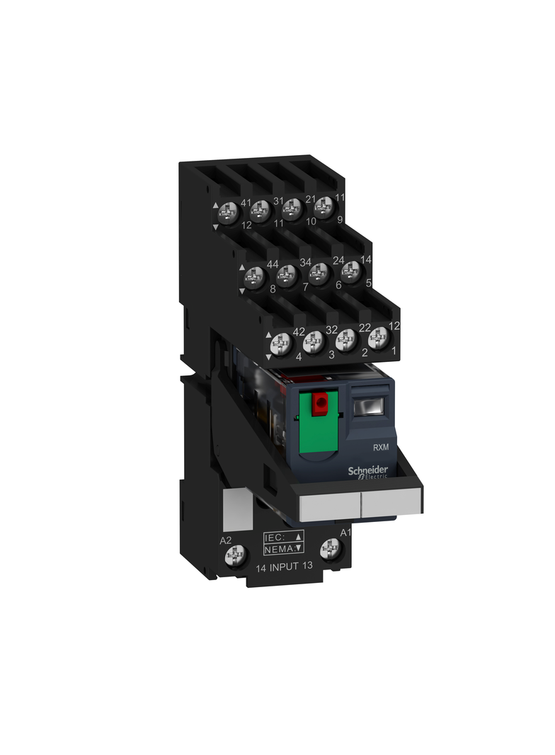 Harmony, Miniature plug-in relay pre-assembled, 6 A, 4 CO, with LED, with lockable test button, sepa