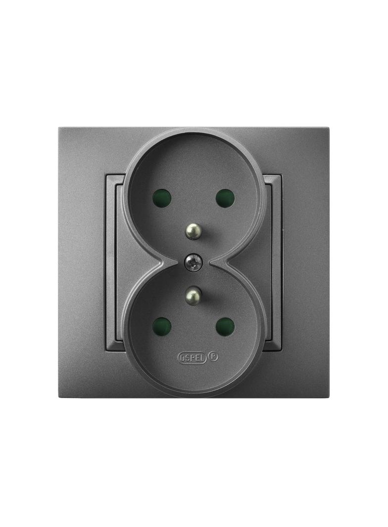 ARIA Gniazdo podwójne z uziemieniem z przesłonami torów prądowych, kompletne z ramką - kolor szary m