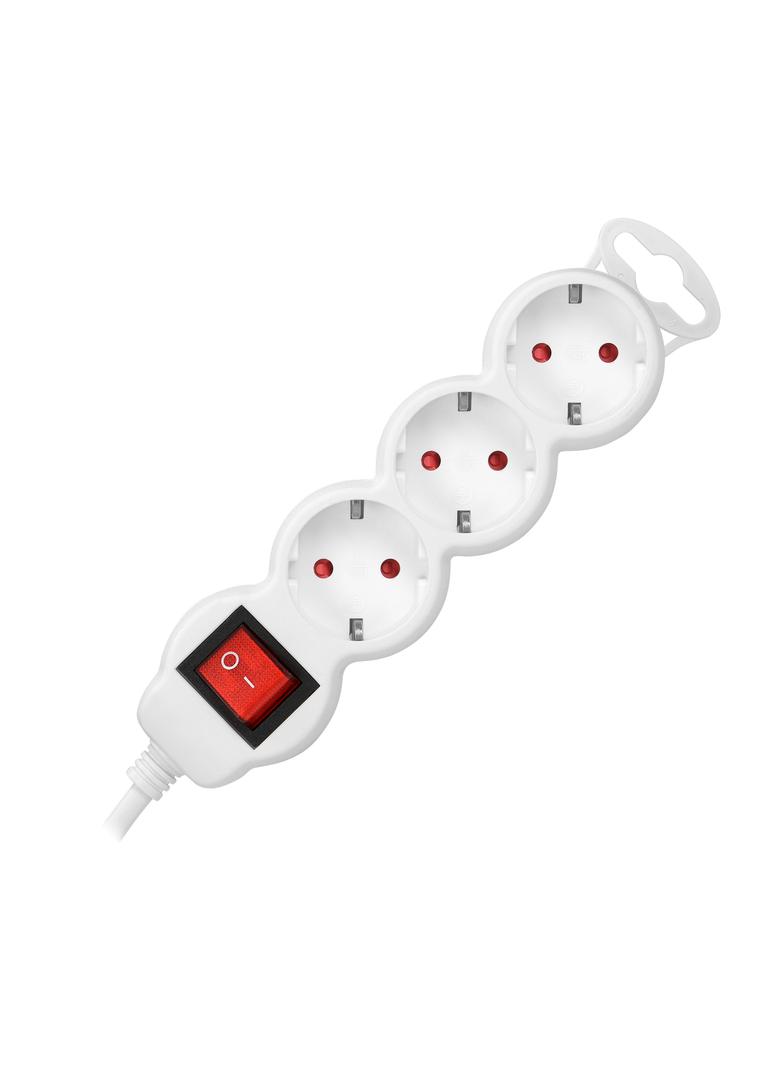 Przedłużacz 3-krotny 2P+Z (Schuko) z wyłącznikiem, 1,5m H05VV-F 3x1,5mm2, Imax=16A, płaska wtyczka,