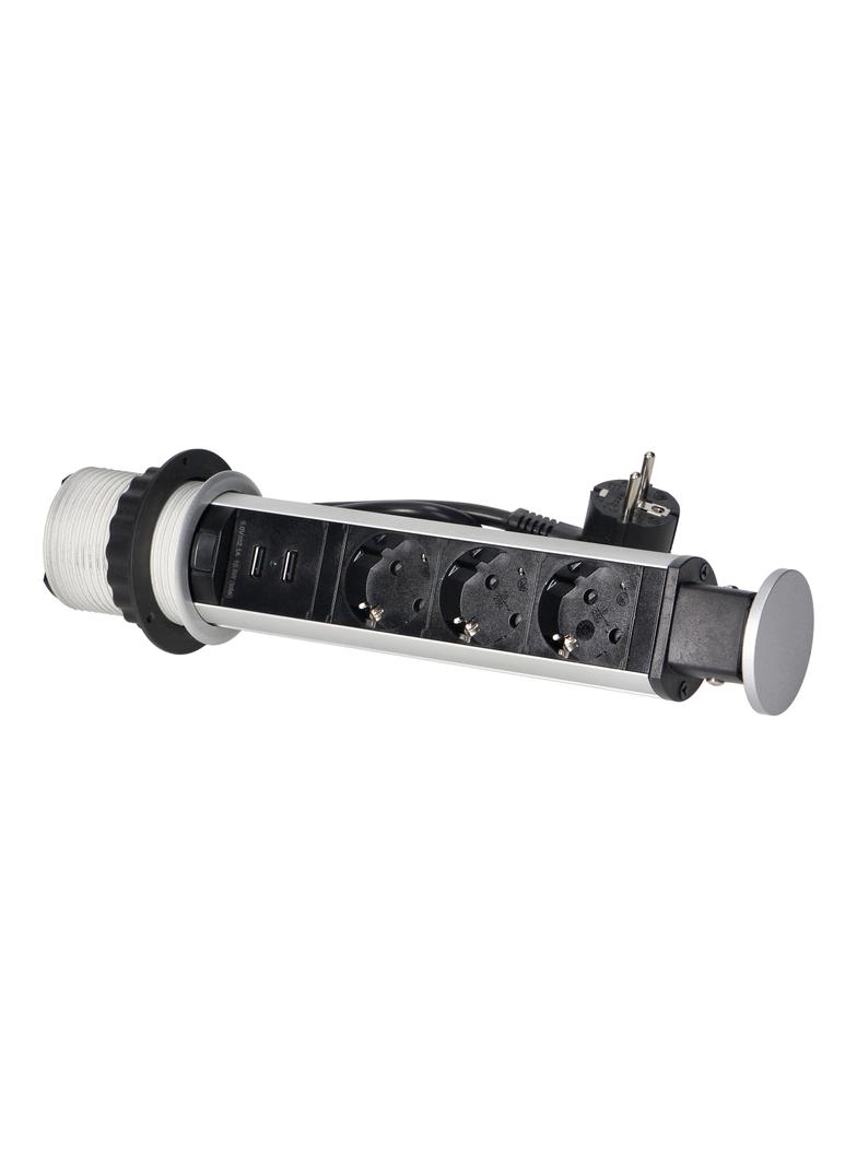 Gniazdo meblowe O6cm wysuwane z blatu z ładowarką USB, blokadą i przewodem 1,8m, 3x2P+Z (Schuko), 2x OR-AE-1349(GS) ORNO