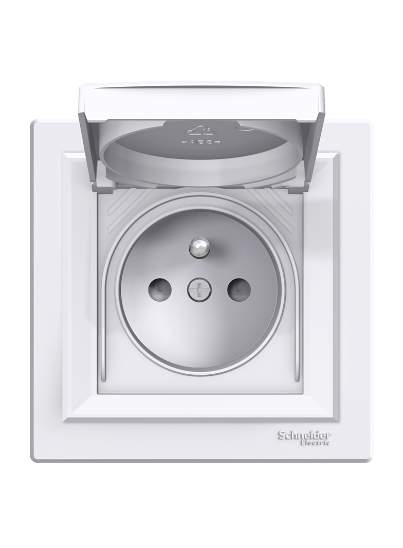 Asfora, gniazdo 2P+PE, IP44, do systemu ramkowego, z ramką, białe